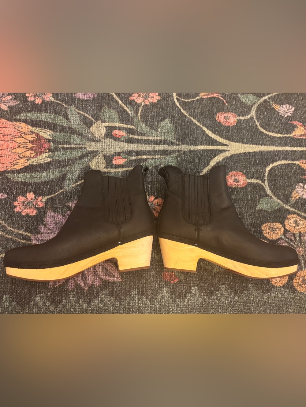Frye Black Leather Clog Boot with Wood Heel